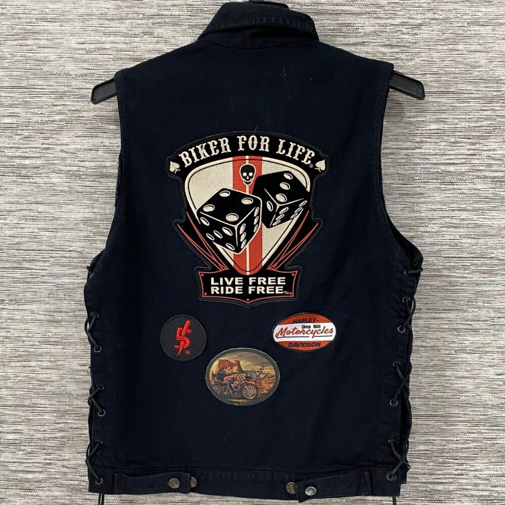 Dream Apparel Black Denim Biker Vest W/ Patches & Buttons Laced Sides Size L